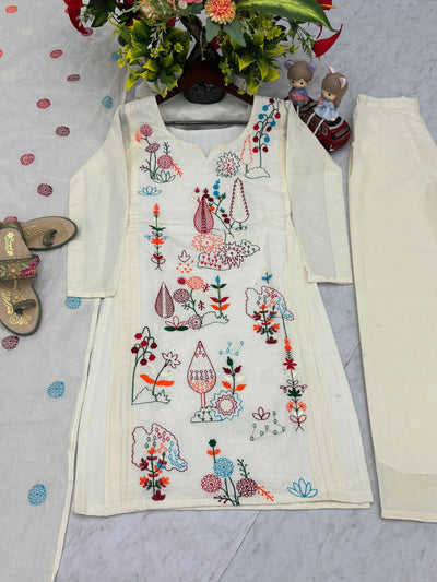 Premium Khadi Cotton Embroidered Kurti, Pant & Dupatta Set