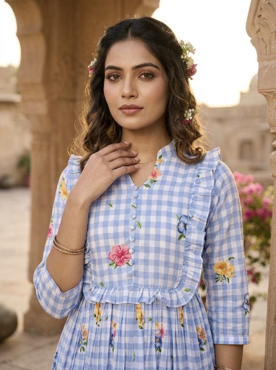 Premium Gingham Print Muslin Silk Kurti with Puff Sleeves
