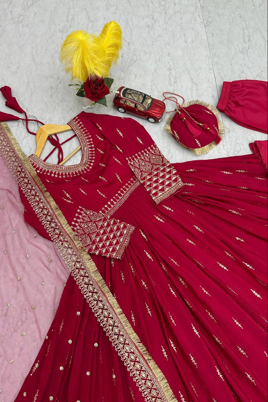 Premium Pure Chinon Silk Embroidered Gown Set with Matching Fancy Purse